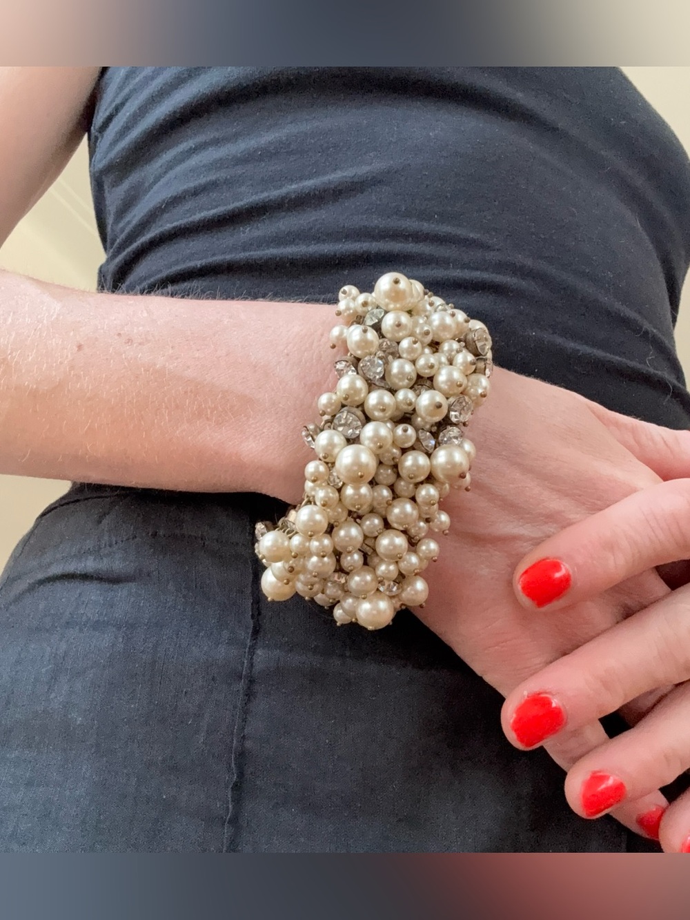 Vintage J. Crew Cha-Cha Bracelet, Gold Tone Faux Pearls and Rhinestones.